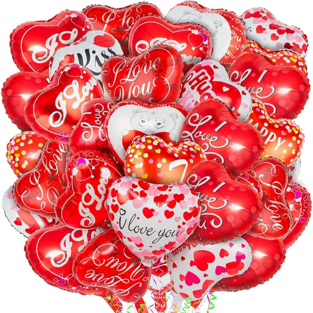 36 Pieces Red Heart Balloons, Happy Valentines Day I Love You Foil Mylar Balloon